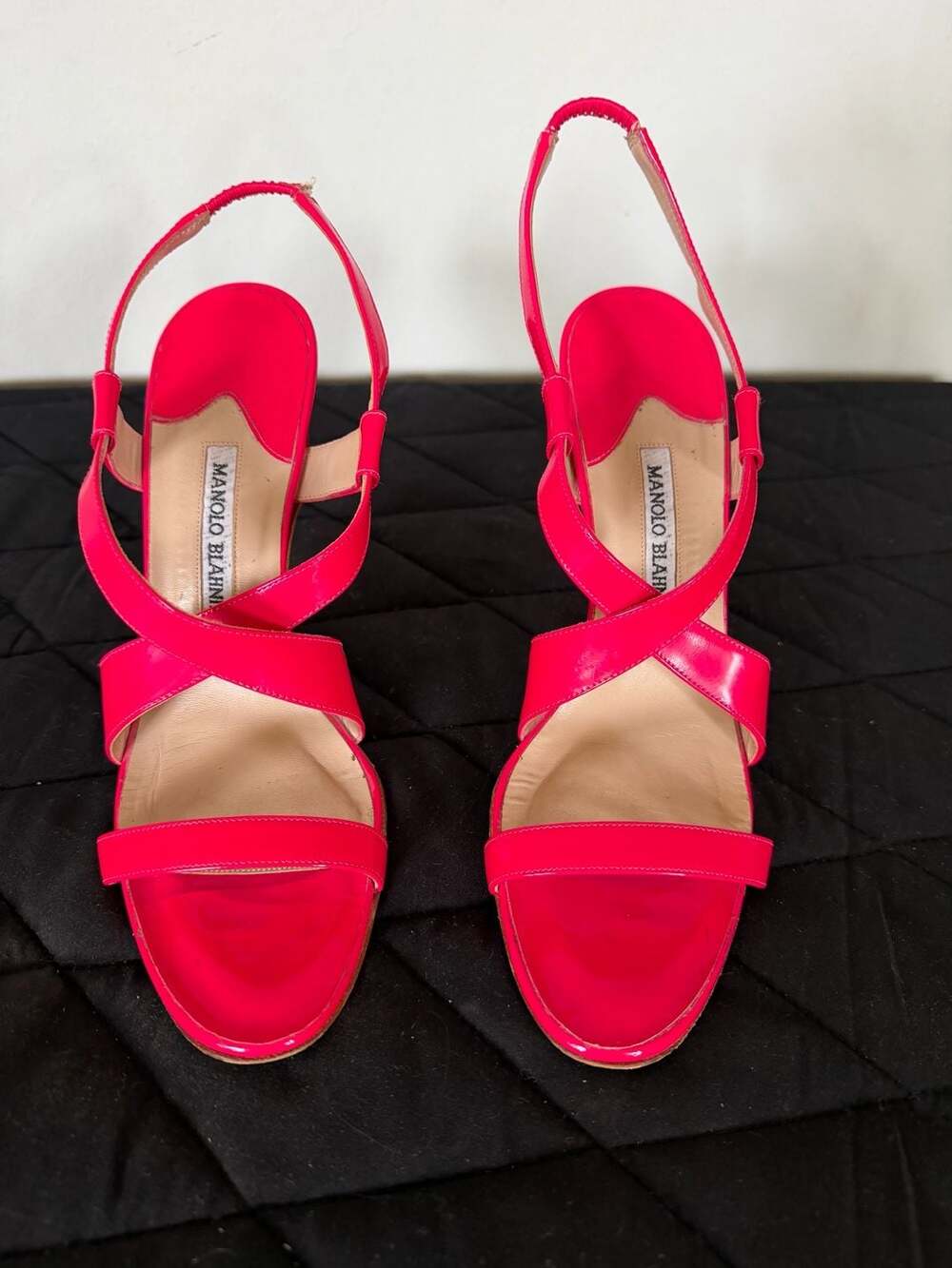 Manolo Blahnik Hot Pink Patent Leather Strappy Slingback Heels